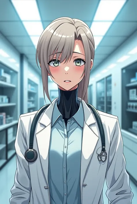 Anime style 2D linedrawn. A robot, female. A high tech android humanoid machine. She wears a lab coat and a high tech medical lab can be seen clearly behind her. Her expression is indifferent, bored, and cold. No blush. Her body below the legs is not seen....