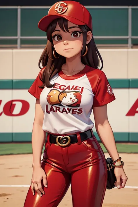 45-year-old Latina female who is a baseball fan. She is wearing a Red baseball cap with a white Beaver logo on it, a red T-shirt that has the words: "WHITE BEAVERS" on it, Gucci Gucci-branded golden belt, and tight black shiny leather pants
