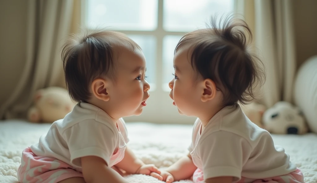 A Japanese 0-year-old ((( two extremely fat babies :1.6)))they are staring at each other immediately　Tokyo scramble crossing　The same baby is watching all around 　 high definition ,  best quality,  High Details ,  very detailed,  Ultra High Definition,  te...