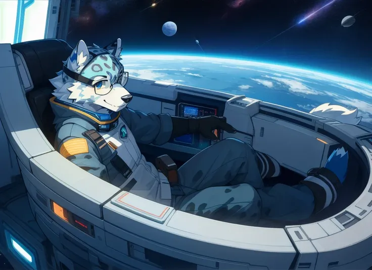 male, anthropomorphic, alone, snow leopard, white fur, glasses on head, repairing, working, looking to side, space base, , , fingerless gloves, (wolf tail), on side,