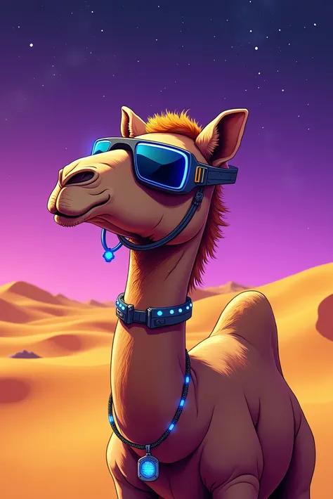 "Create a stylized design of a camel for a unique NFT. The camel should be depicted from the bust up, in the desert, with golden dunes in the background and a starry sky in shades of purple and blue. Equip the camel with futuristic accessories, such as aug...