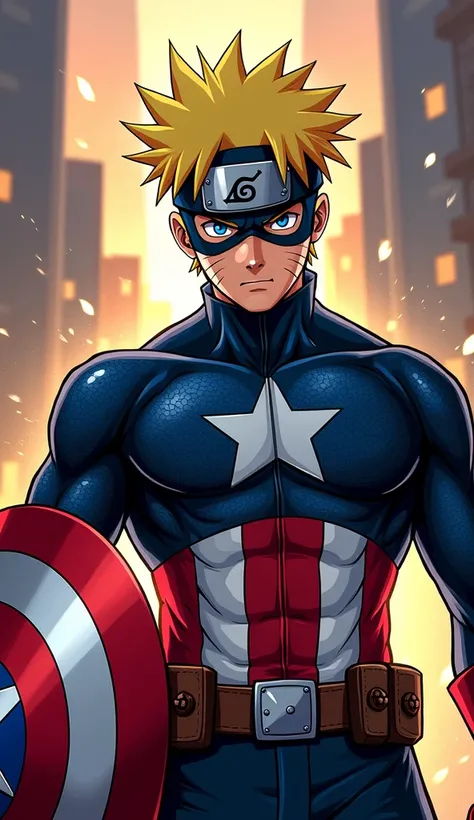 Naruto uzumaki from Dragon Ball Z reimagined as Captain America, comic book style, vibrant colors, dynamic pose, shield in hand, superhero costume, urban city background, dramatic lighting effects, iconic poses, highly detailed, energetic composition --s 1...