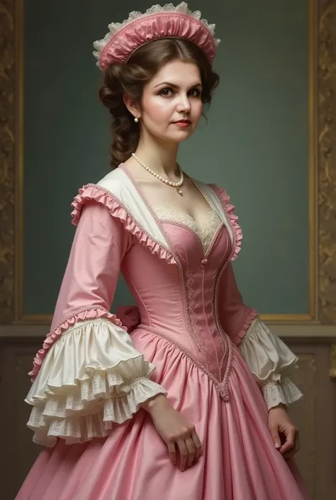 Create an image in Victorian style  ,  with the same face as the reference of a character ,  wearing a small Victorian-style hat in pink  ,  the girl must have a dress with a pink Victorian dress with a wide-sleeve jacket ending in the cuffs with a white l...