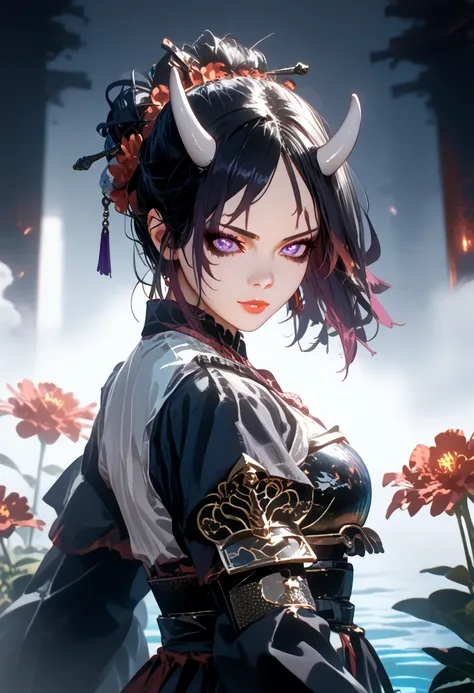 Anime demon Girl 1,sexy,beautiful, porcelain qhite skin, goth, black eyeliner, glowing purple eyes, holds a katana in her hand,hkwarrior, bright colors,Shine,short black hair, white horns,Clear drawing of details,masterpiece,maximum ideal traits,Средняя be...