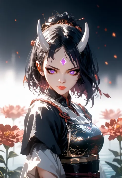 Anime demon Girl 1,sexy,beautiful, porcelain qhite skin, goth, black eyeliner, glowing purple eyes, holds a katana in her hand,hkwarrior, bright colors,Shine,short black hair, white horns,Clear drawing of details,masterpiece,maximum ideal traits,Средняя be...