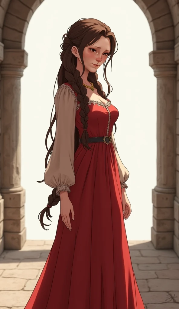 2D art, realistic, western anime, medieval villager, long brown braided hair, standing, posing, full body shot, red dress, narrow waist, small breasts, wide hips, smile, medieval clothing, plain elegant cloth, slight smile, braided long hair, red dress, in...