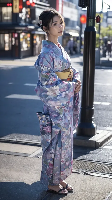 (( best quality)), ((8k)), ((masterpiece: 1.3)), ( perfect appearance ), ( photorealism: 1.6), (WA), (Mature woman walking),  perfect anatomy , ((65 years old)), ((Kimono)), ( Very Short Hairstyle), (( Beautiful Illuminations Street Corner)),