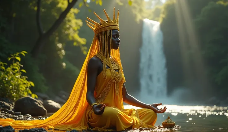 A realistic depiction of Oxum, the Yoruba goddess of rivers, beauty, and fertility, seated in a meditative lotus position in a lush forest near a majestic waterfall. She is wearing a vibrant yellow dress with intricate golden details that shimmer in the su...