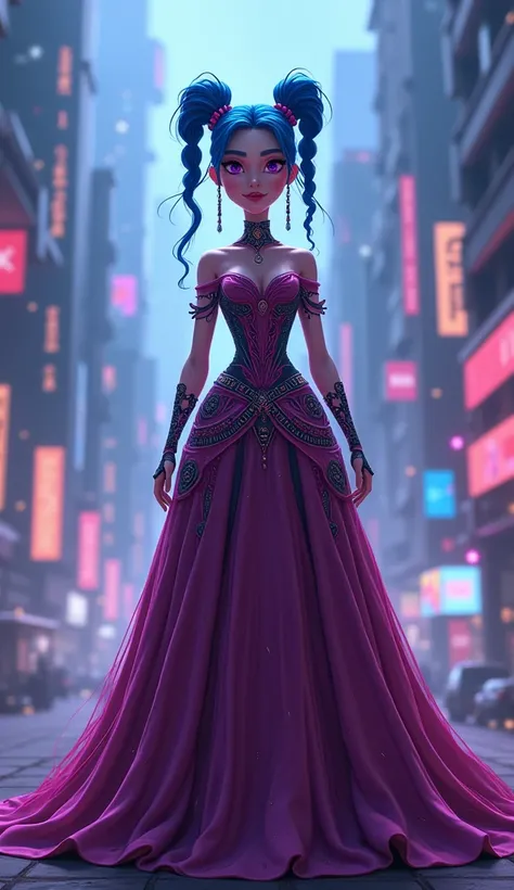 An enchanting depiction of Jinx from the series "Arcane" as a Disney-Pixar princess with her signature two braid blue hair, pink violet expressive eyes, discret insane smile, a elegant dress gown with modern tech details, and a confident, regal pose. This ...