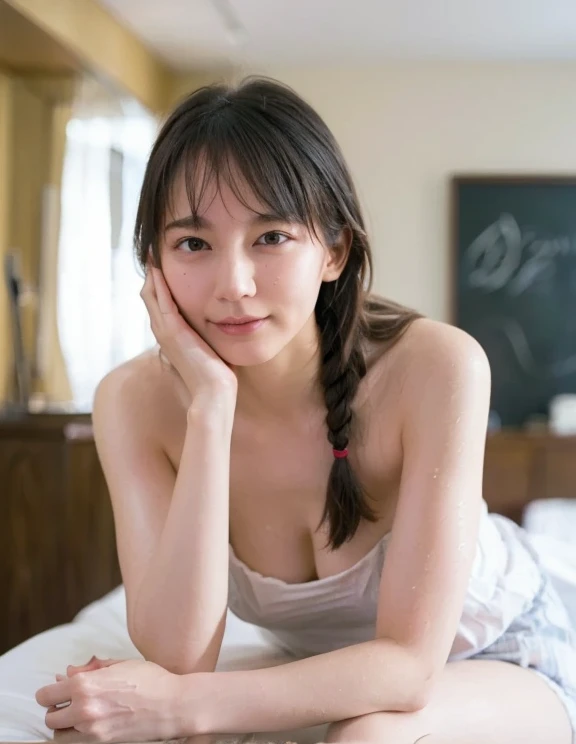 Skin color,    Big Breasts ,       Fascinated by my natural body  ,      wet hair      ,((    bare skin without makeup    )), ((      2 super long braids       :1.2)),  Very detailed nose  、   very detailed eyes  、Laugh a little , (8k,       RAW photos  , ...