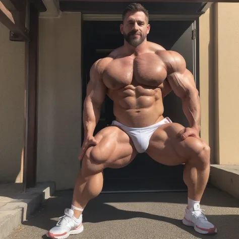 a 54-year-old grizzled steroid butch enhanced white german bodybuilder with perfectly sculpted voluminous massive butcher torso and massive thighs and legs and calves transforming his body into a physique muscle masterpiece in leg workout. He is truly awes...