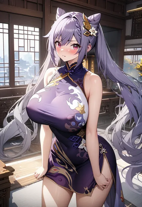 8k, masterpiece, best quality, ultra detailed, Ultra-high resolution, Highly detailed CG, break, 1girl, keqing(genshin impact), kawaii, nsfw, huge breasts, (Cheongsam:1.2), full body, indoors, standing
