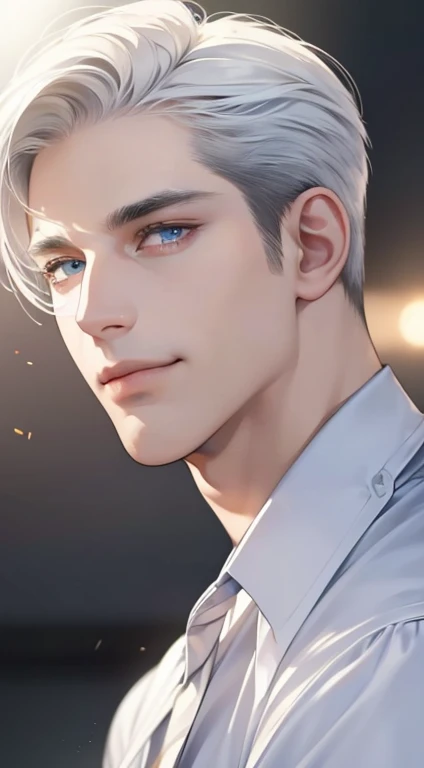 (best quality, masterpiece, 8K, photorealistic, cinematic lighting, hdr image, ultra detailed, beautiful image), 1 man, 31 years old, mature man, very handsome, (without expression, smile), short white hair, blue eyes ( penetrating gaze), perfect face with...