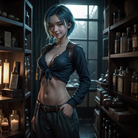 (very_detailed:1.4), photography of jinxlol, (18 years old:1.3),  dynamic_pose, erotic, full_body_shot, (blue hair bowing in the wind:1.2), (smiling:1.2), insane_expression, flat chest, small breasts, breasts visible, (short linen pants), (brown pants), am...