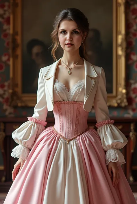 Create an image in Victorian style  , with the same face as the reference of the character  ,  the girl must have a dress with a pink Victorian suit of a wide-sleeve jacket that ends in the cuffs with white lace ,  under the jacket you should see a pink co...