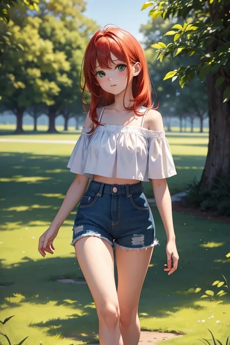  Extremely fragile and delicate little eight-year-old girl ,  shoulder-length red hair  , big shimmering light green eyes  , Body and extremely fragile  ,  short white blouse showing the navel and back  , short jeans azul , white sneakers ,  full body  ,  ...