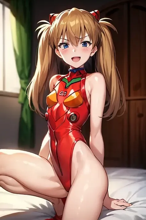 (( best quality)), ((masterpiece)), (be familiar with),  perfect face, indoor, bedroom,  viewer,
One woman,  Soryu Asuka Langley ,
 open mouth,  ecstatic expression with hands in front of body, blush, smile,
 small tits,  flat chested, Young girl, Lori,  s...