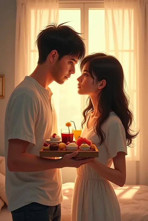 a man with short black hair cut bringing breakfast to his wife making her happy in bed, highly detailed, intricate details, realistic, photorealistic, warm lighting, soft focus, cozy atmosphere, intimate moment, morning light, delicate brushstrokes, oil pa...