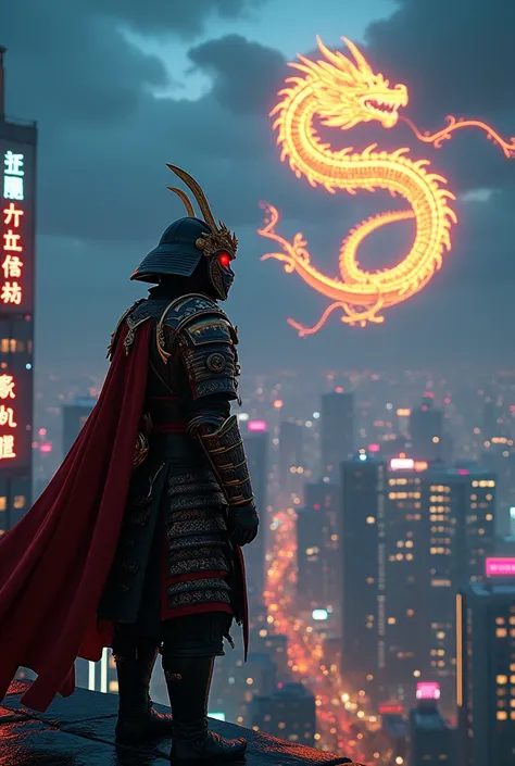 a hyper-detailed cinematic night scene atop a towering skyscraper, featuring a lone man standing on the edge of the rooftop, his imposing figure clad in a traditional yet futuristic Japanese samurai armor with intricate engravings and a dark metallic finis...