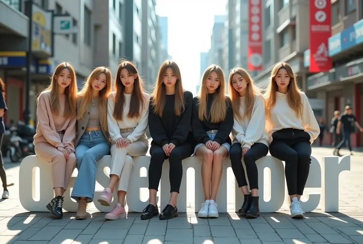 7 beautiful korean woman aged 28 ,blonde long hair ,and 1 woman korean hijab,wearing cool hoodie,black long trousser ,looking camera and sitting on a 3d white text block that says "Desember"" at pedestrian street at morning ,real photos