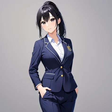 Top quality, full body, standing, from front,looking at viewer, simple background.  pretty girl、 College Student , black hair、 ponytail、 blazer uniform、,large breasts, perfect body,Sports