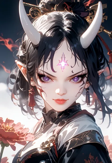 Anime demon Girl 1,sexy,beautiful, porcelain white skin, goth, black eyeliner, glowing purple eyes, holds a katana in her hand,hkwarrior, bright colors,Shine,short black hair, white horns,pointy ears, Clear drawing of details,masterpiece,maximum ideal trai...