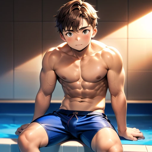 A young teen boy sitting on a poolside, m, wearing tight thin swim trunks, no shirt on, no top on, defined muscles, brown hair.great quality image, best quality, masterpiece, clear image