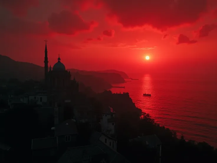 A sweeping shot of the coastal town, its buildings darkened but standing firm against the red-tinged horizon. The skys hue signifies a new dawn, filled with cautious optimism after the vampiresses hard-won victory. A dramatic black and white film with inte...