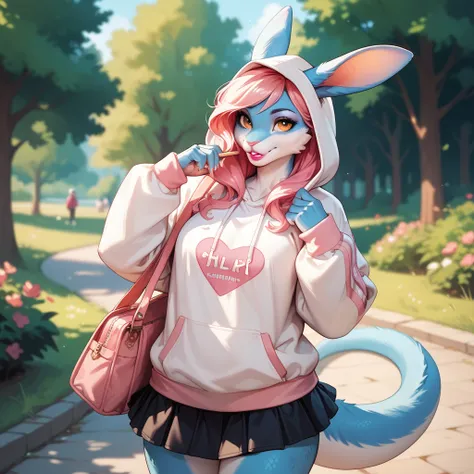 rabbit, furry,  dragon emblem hoodie,  short black skirt,  in the middle of a hill ,  big boobs, blue fur, curled pink hair , amber eyes, lipstick