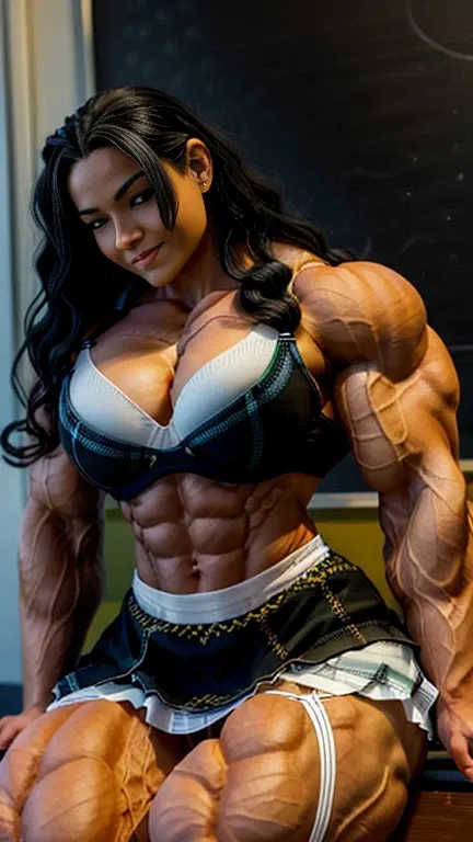 A super-realistic full-body representation of a highly muscular woman. She resembles a professional bodybuilder with ultra-thick, voluminous, and well-defined leg muscles and a slim, sculpted waist. Her abdominal muscles are well-defined, emphasizing her a...