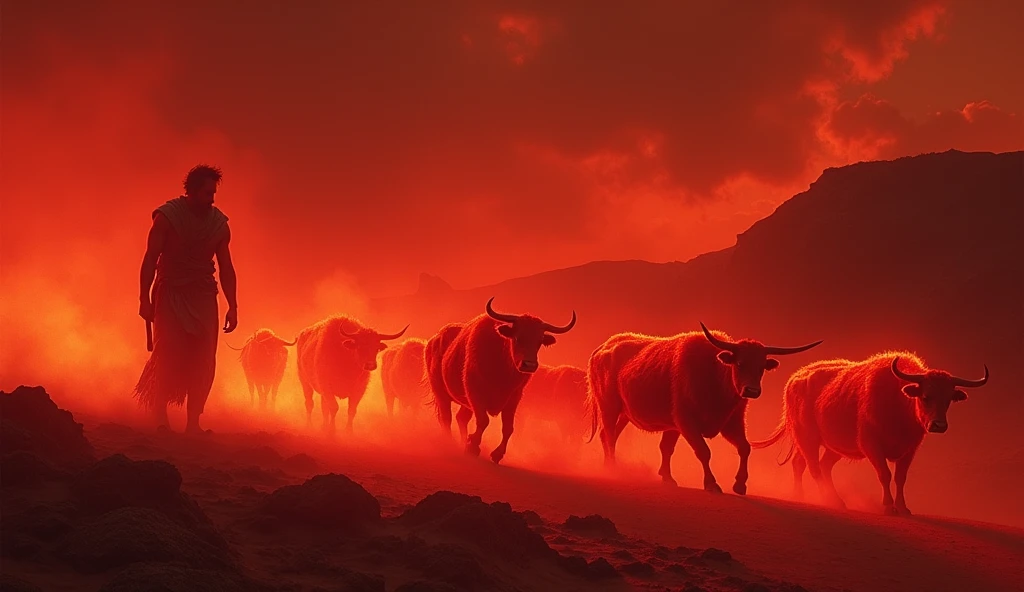  A vivid image of Hercules herding the glowing red cattle of Geryon across the surreal crimson terrain of Erytheia. The cattle, majestic and otherworldly, move in a calm, orderly line as Hercules walks alongside them, his olive-wood club still in hand. The...