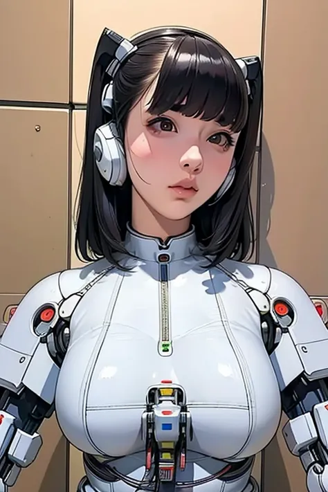 masterpiece, best quality, extremely detailed,portrait,front view,Japaese android girl,Plump, control panels,android,Droid,Mechanical Hand, Robot arms and legs,Blunt bangs,long tube,thick cable connected her neck