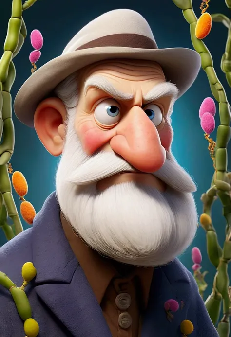  Make an illustrative image of a lively old man with a beard  (George Mendel )  biology connoisseur showing living meiosis (Talkative and illustrative  ) For your student who is fascinated by meiosis who speaks and places them in a pea garden