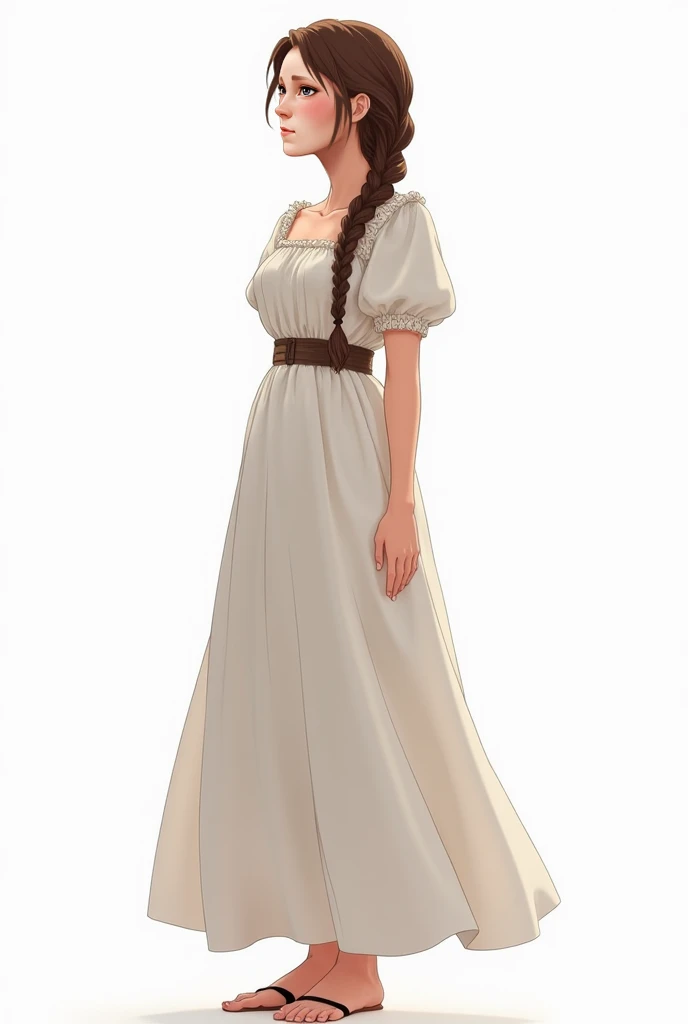 2D art, realistic, western anime, medieval villager, long brown braided hair, standing, posing, full body shot, white long dress, narrow waist, small breasts, wide hips, surprised, looking away, medieval clothing, white background