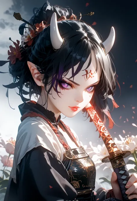 Anime demon Girl 1,sexy,beautiful, porcelain white skin, goth, black eyeliner, glowing purple eyes, holds a katana in her hand,hkwarrior, bright colors,Shine,short black hair, white horns,pointy ears, Clear drawing of details,masterpiece,maximum ideal trai...