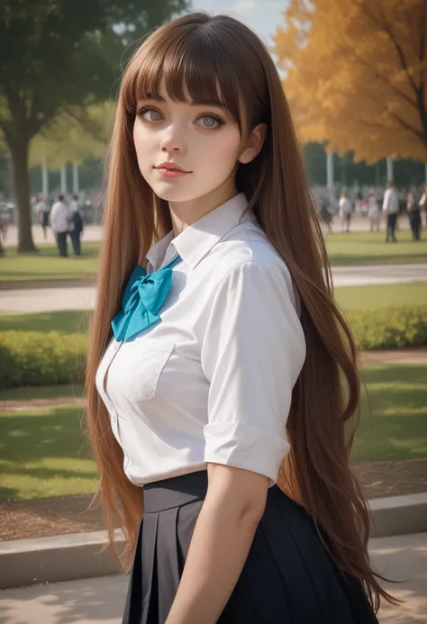 score_9, score_8_up, score_7_up, rating_safe, photo realistic, female, 18 yo, bright eyes, brown hair, white button shirt, black skirt, school uniform, posing, very long hair, park, 