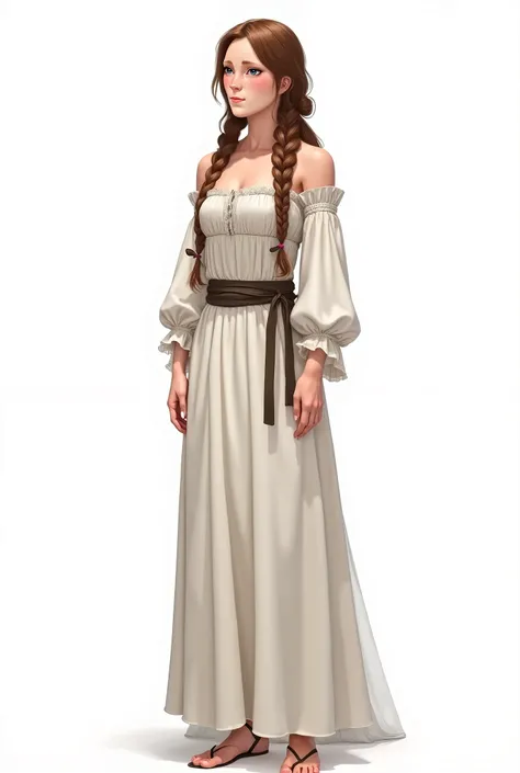 2D art, realistic, western anime, medieval villager, long brown braided hair, standing, posing, full body shot, white long dress, narrow waist, small breasts, wide hips, surprised, looking away, medieval clothing, white background