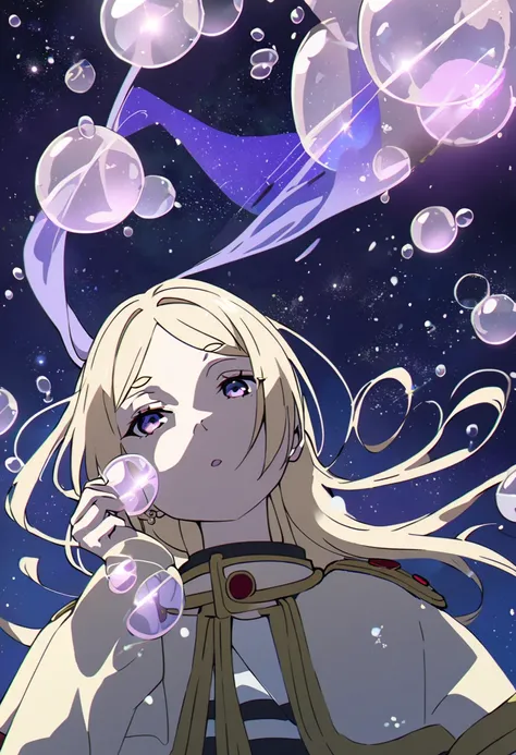 Frieren, Blowing bubbles under the stars、Anime style light blonde haired girl with purple eyes