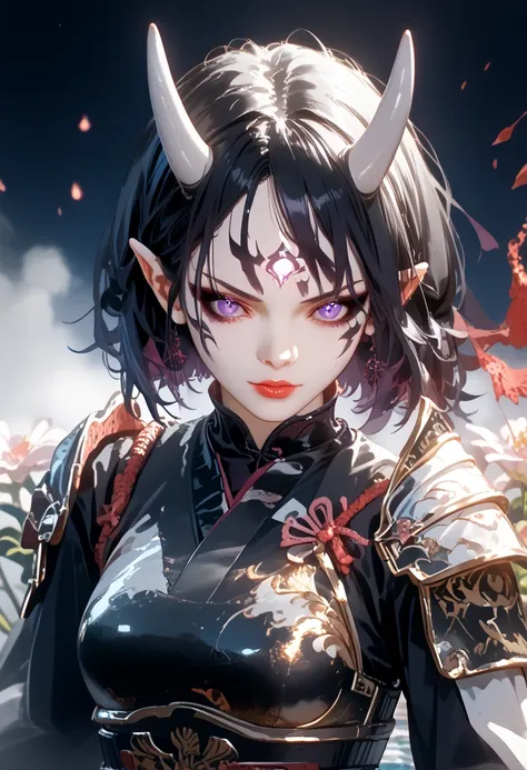 Anime demon Girl 1,sexy,beautiful, porcelain white skin, goth, black eyeliner, glowing purple eyes, holds a katana in her hand,hkwarrior, bright colors,Shine,short black hair, white horns,pointy ears, Clear drawing of details,masterpiece,maximum ideal trai...