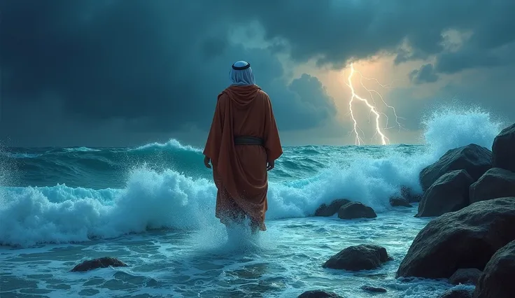 A captivating illustration of an Arab man dressed in 2nd century garb, wearing a terracotta-colored robe that borders on blue. He appears to be walking on the surface of a turbulent sea, with waves crashing around him. The sky is filled with dark, stormy c...