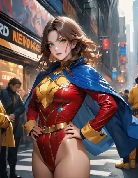 high quality, 1girl, long brown hair, green eyes, long sleeve  red leotard, hero suit, blue cape, wide hips, city