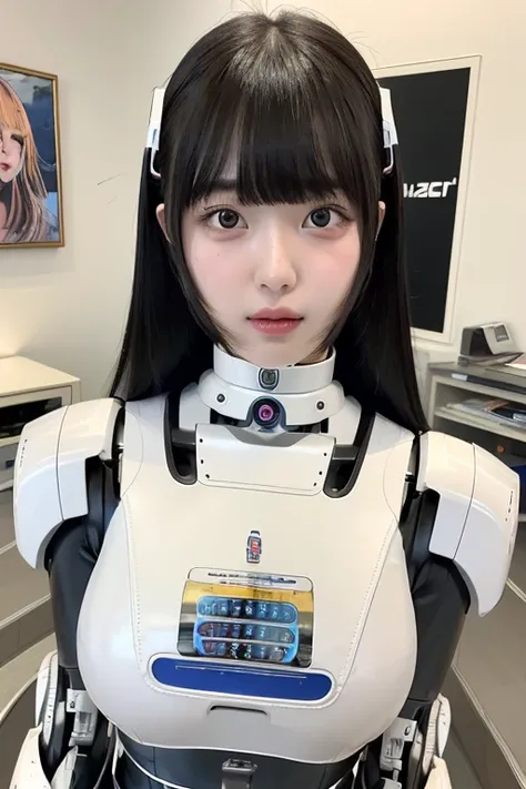 masterpiece, best quality, extremely detailed,portrait,front view,Japaese android girl,Plump, control panels,android,Droid,Mechanical Hand, Robot arms and legs,Blunt bangs,long tube,thick cable connected her neck