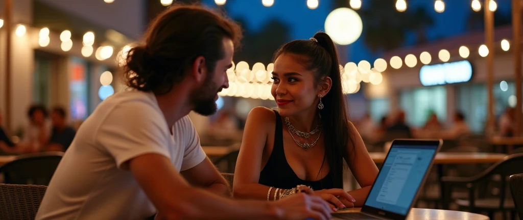 realistic photo of a man and woman, man is a healthy, surfer dude type, sunset, at night, moon light, womans is columbian attractive woman smilling, black haired ponytail hair, and sitting at an out door cafe, 395 Santa Monica Place Santa Monica, CA 90401,...