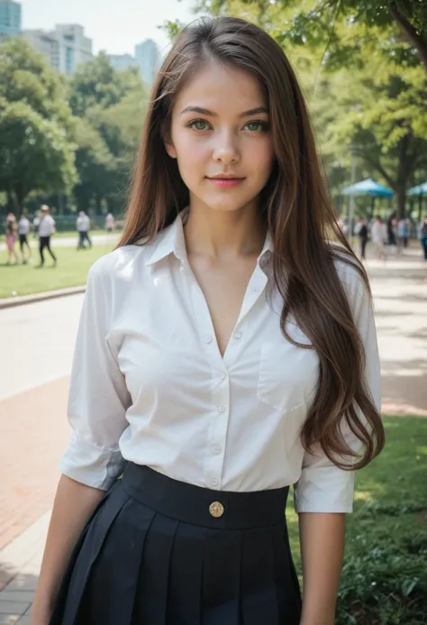 score_9, score_8_up, score_7_up, rating_safe, photo realistic, female, 18 yo, green eyes, brown hair, white button shirt, black skirt, school uniform, posing, very long hair, park, 