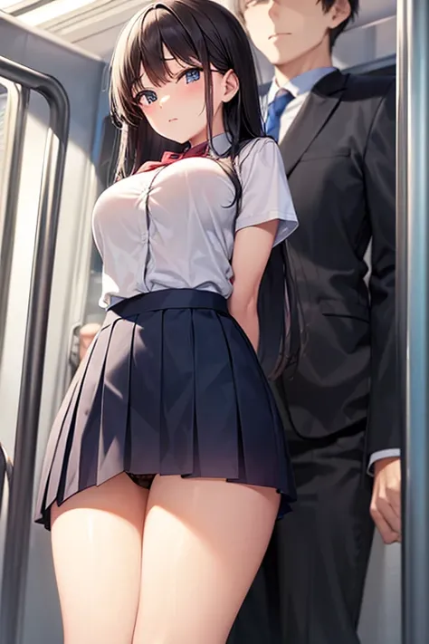  one high school girl、 high school uniform 、close、Big Breasts、 only a small part of the panties are visible、Not looking at me、 Anatomically Correct、 skirt、 seen from below、Narrow train 、 standing、shoes、 on the train