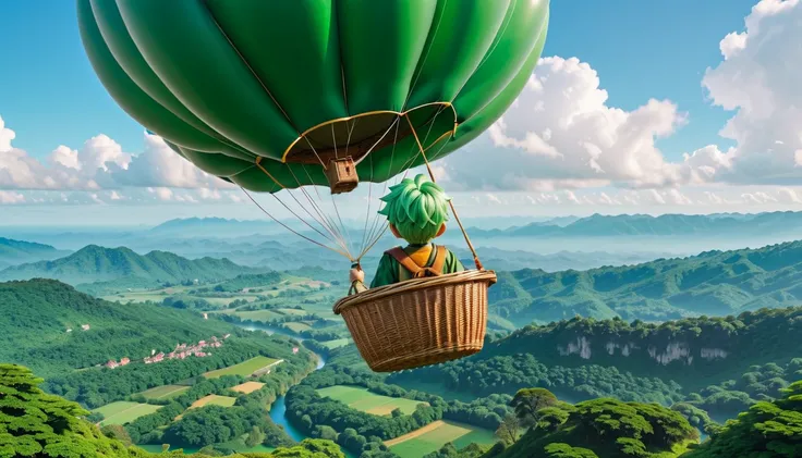 8K high resolution images   ,    realist, Green clothes、   green hair、   white pants、wear、   Dragon Quest   、 male、 green hair、    and travel through the sky、  rear view、 Im in 1 balloon、An orange balloon descends on the village、A large basket made of brow...