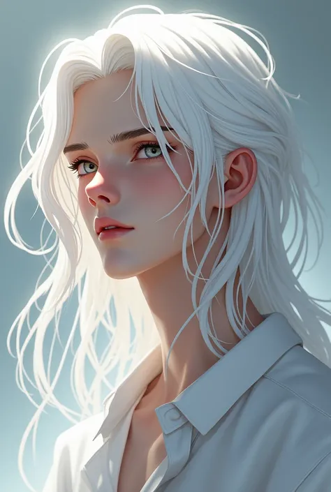 2D animation with long white hair, handsome man, white skin, white eyes, male character, high definition side view