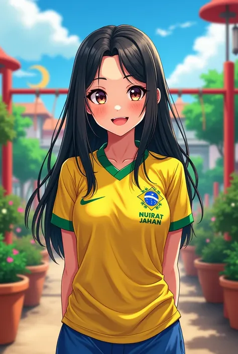 create a image of "A s anime girl, black long hair big smile wearing brazili jarsy name on it "Nusrat Jahan".
Potted plants on either side,and various On the playground  .