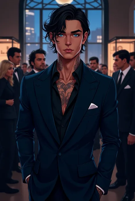 horizontal image. Full body portrait .  Realistic illustration. digital art. imagen realista.  Aesthetic image ,  He is a celebrity . He poses half a profile , Front focus. A stocky man , I bet, elegant,  at a luxury event . The man is tall, He has a stock...