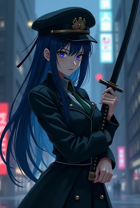 Anime, hd quality, beautiful, calm, cool girl, blue and black long hair, dark blue eyes, military hat, black and white military outfit, sharp eyes, age 25, mature, badass slashing sword pose, grabbing slim black katana, dark city background, serious face, ...